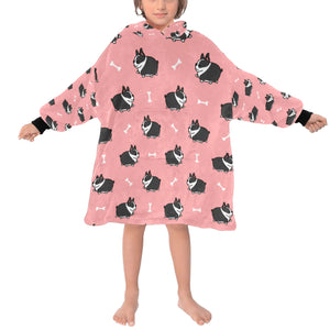 image of a boston terrier blanket hoodie for kids - light pink