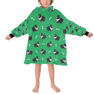image of a boston terrier blanket hoodie for kids - green