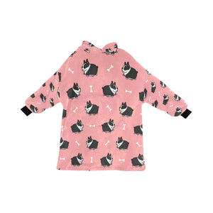 image of a light pink colored boston terrier blanket hoodie for kids