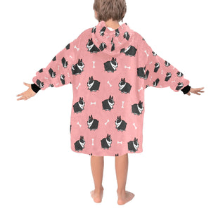 image of a light pink colored boston terrier blanket hoodie for kids - back view