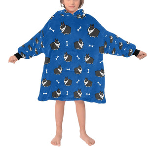 image of a boston terrier blanket hoodie for kids - dark blue