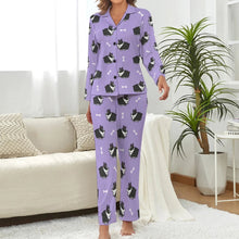 Load image into Gallery viewer, image of woman wearing a boston terrier pajamas set for women - lavender pajamas set for women