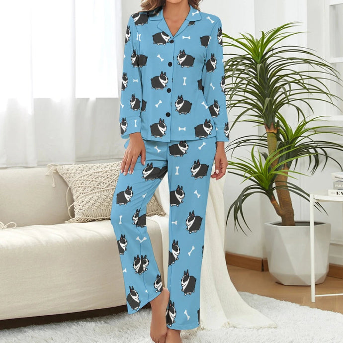 image of a boston terrier pajamas set for women - blue