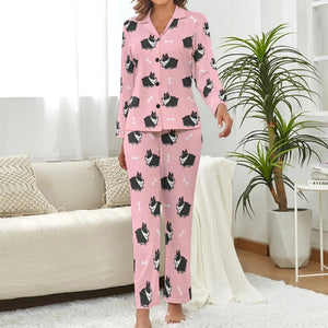 image of woman wearing a boston terrier pajamas set for women - pink pajamas set for women