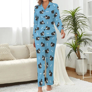 image of woman wearing a boston terrier pajamas set for women - blue pajamas set for women