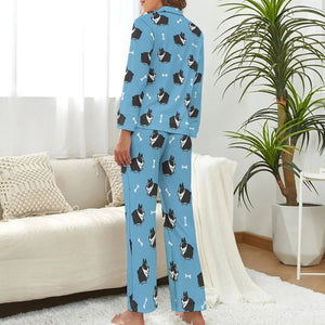 image of woman wearing a boston terrier pajamas set for women - blue pajamas set for women - back view