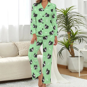 image of woman wearing a boston terrier pajamas set for women - green pajamas set for women