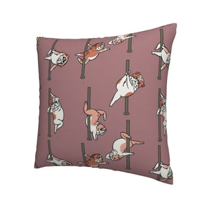 Image of a super cute english bulldog cushion cover in the most hilarious Bulldogs doing a pole dance design