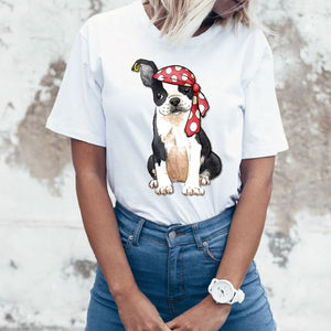 Image of a boston terrier t shirt in the cutest pirate Boston Terrier, with a gold earring and a red and white polka-dotted bandana design