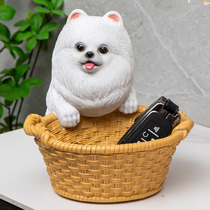 Image of a super cute Pomeranian ornament in the most helpful Pomeranian holding a basket design