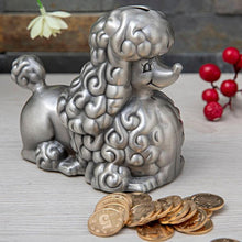 Load image into Gallery viewer, Image of a beautiful Poodle piggy bank statue made of silver zinc alloy