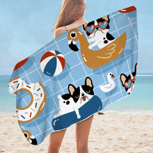 Load image into Gallery viewer, Image of a lady flaunting Boston Terrier towel at the beach in pool day Boston Terrier design