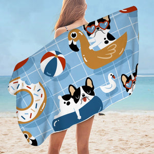 Image of a lady flaunting Boston Terrier towel at the beach in pool day Boston Terrier design