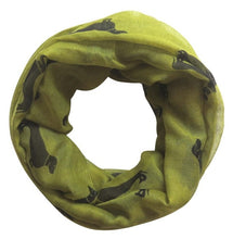 Load image into Gallery viewer, Image of a beautful Dachshund scarf in the color olive green with infinite Dachshunds design