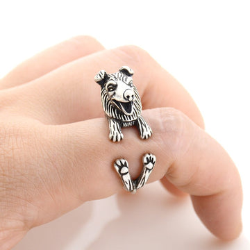 3D Rough Collie Finger Wrap Rings-Dog Themed Jewellery-Dogs, Jewellery, Ring, Rough Collie-Resizable-Antique Silver-2