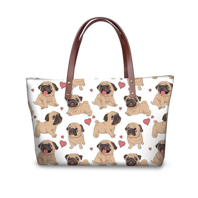 Image of pug bag in pug with hearts design on white background