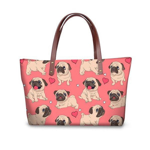 Image of pug bag in pug with hearts design on peach background
