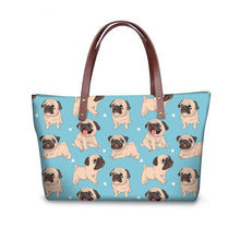 Load image into Gallery viewer, Image of pug bag in pug with hearts design on blue background