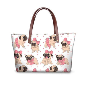 Image of pug bag in girl pug with hearts design on white background