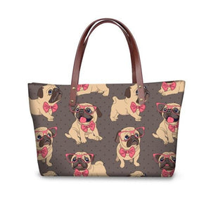 Image of pug bag in pug with pink glasses and bowtie design on brown background