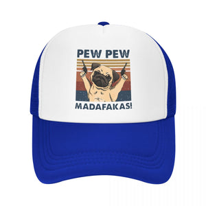 Image of a pew pew pug baseball cap in the color blue