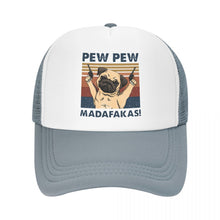 Load image into Gallery viewer, Image of a pew pew pug baseball cap in the color gray