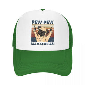 Image of a pew pew pug baseball cap in the color green