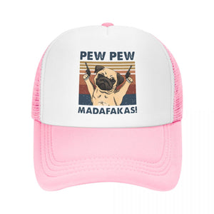 Image of a pew pew pug baseball cap in the color pink