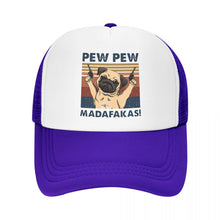 Load image into Gallery viewer, Image of a pew pew pug baseball cap in the color purple