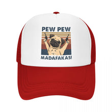 Load image into Gallery viewer, Image of a pew pew pug baseball cap in the color red