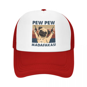 Image of a pew pew pug baseball cap in the color red