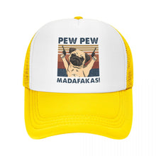 Load image into Gallery viewer, Image of a pew pew pug baseball cap in the color yellow