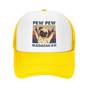 Image of a pew pew pug baseball cap in the color yellow