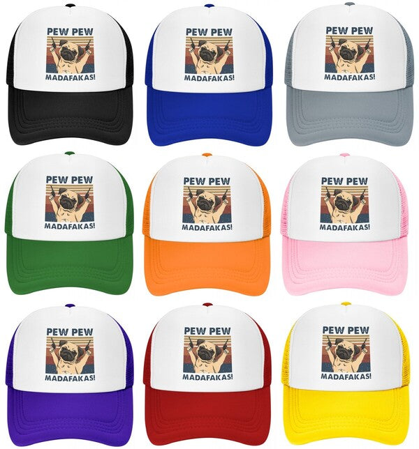 Image of pew pew pug baseball caps in nine different colors