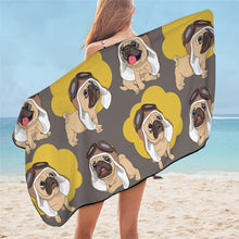 Load image into Gallery viewer, Image of a lady flaunting pug beach towel in the color gray