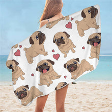 Load image into Gallery viewer, Image of a lady flaunting pug beach towel in the color white