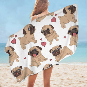 Image of a lady flaunting pug beach towel in the color white