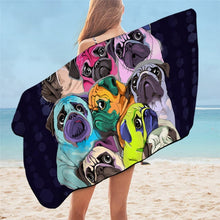 Load image into Gallery viewer, Image of a lady flaunting pug beach towel in the color black