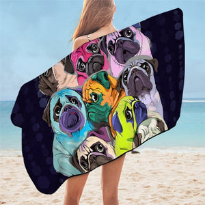 Image of a lady flaunting pug beach towel in the color black