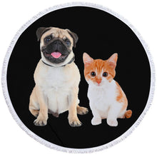 Load image into Gallery viewer, Image of a round shape Pug beach towel 