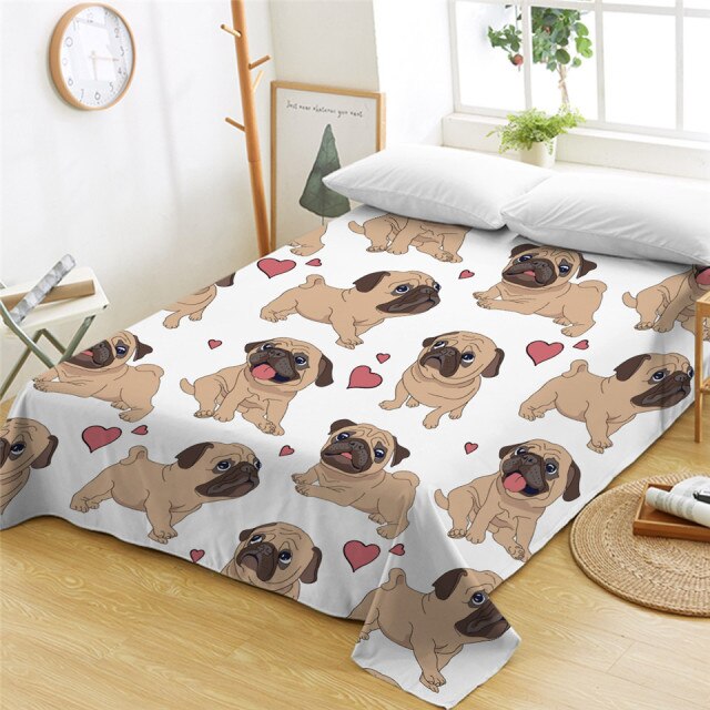 Image of pug bed sheet in pug and hearts design in the color white