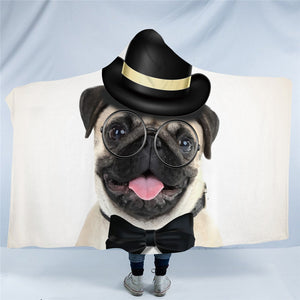 Image of wearable pug blanket in pug with hat on top and bow tie design