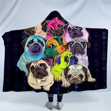 Load image into Gallery viewer, Image of wearable pug blanket in multicolor pugs design