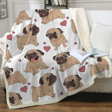 Load image into Gallery viewer, Image of a beautiful Pug blanket in pugs with hearts design