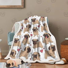 Load image into Gallery viewer, Image of a warm fleece Pug blanket in pugs with hearts design