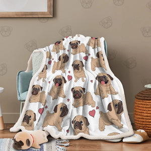 Image of a warm fleece Pug blanket in pugs with hearts design