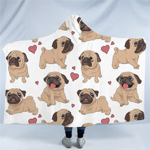 Load image into Gallery viewer, Image of pug blanket in pug with hearts design