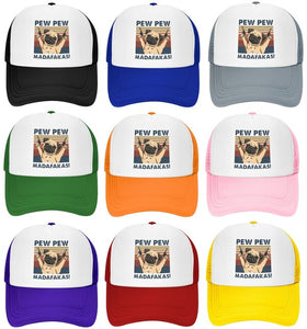 Image of pew pew pug caps in eight different colors