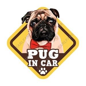 Image of a Pug car sticker in the cutest Pug in Car loving design.