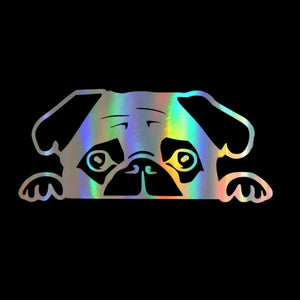 Image of pug car sticker in reflective rainbow color